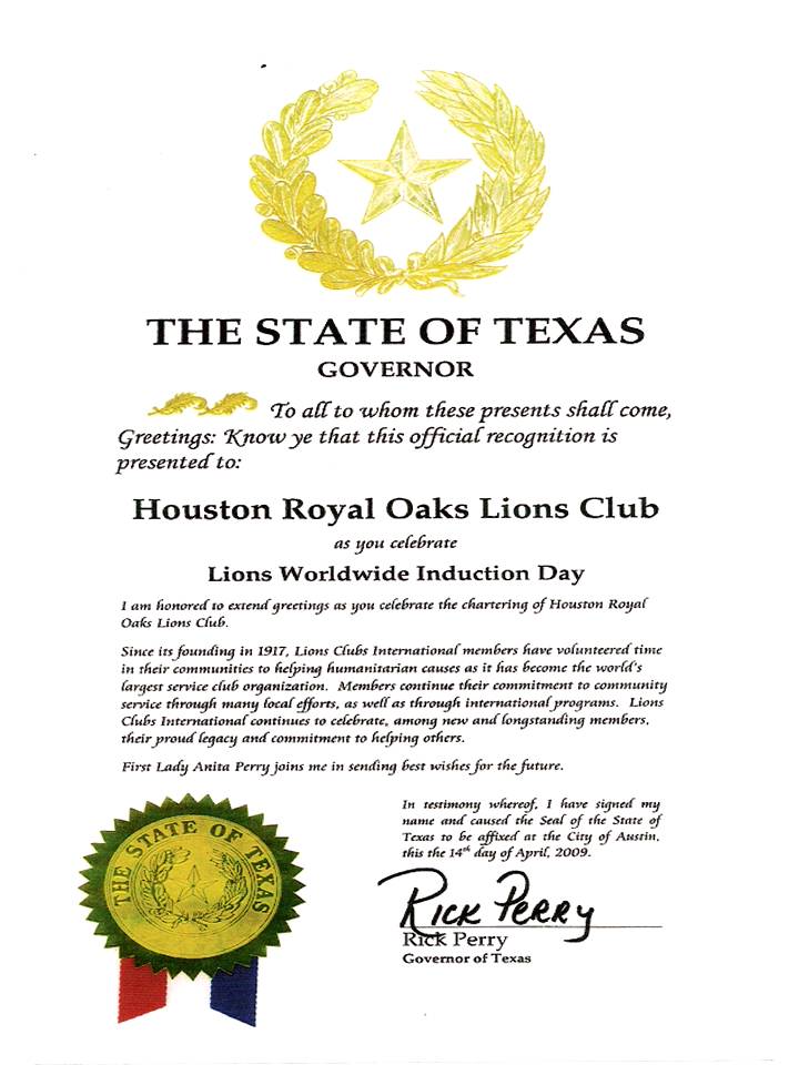Governor Perry Certificate 2009