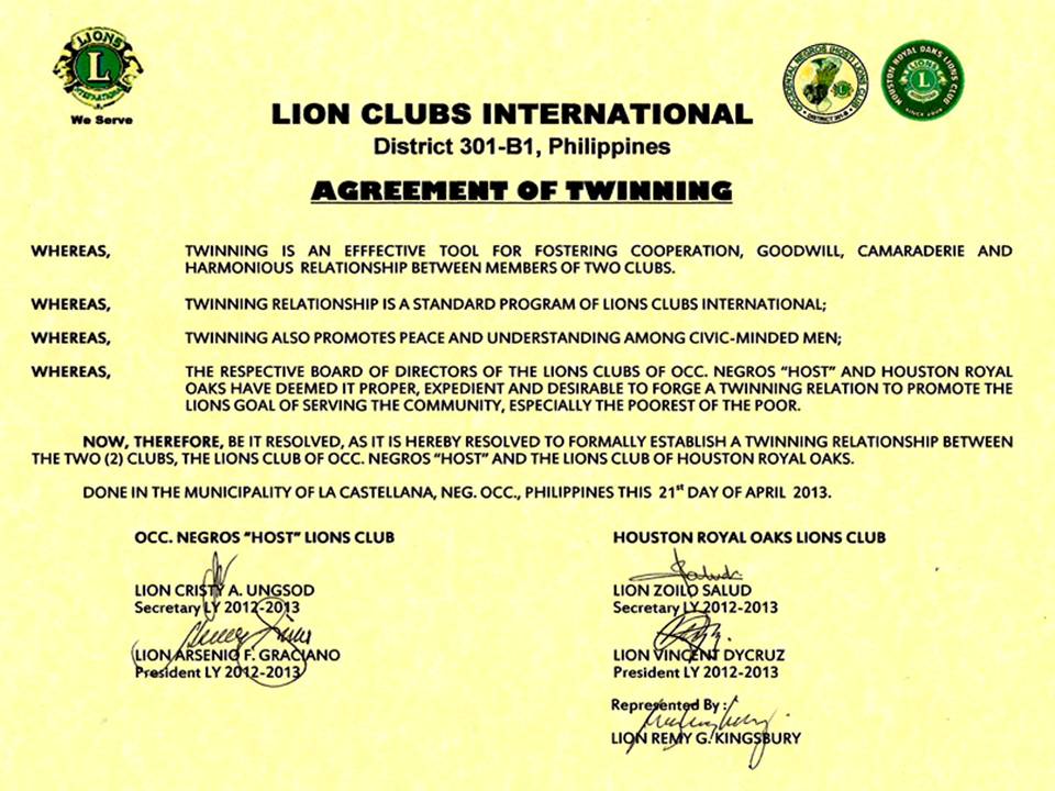 Twinning Agreement between Negros Occidental Lions and HROLC April 21, 2013